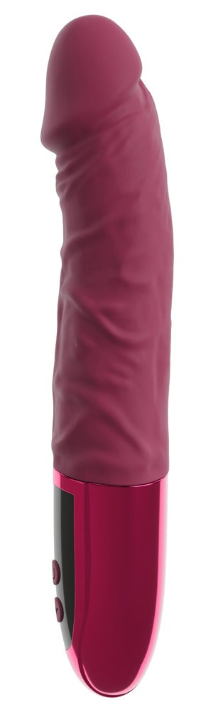 Vinröd vibrator med ådrat skaft, metallbas och kontrollknappar i silikon.