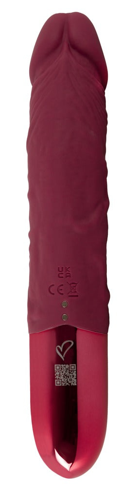 Rödbrun silikonvibrator med slät bas och synliga kontrollsymboler.