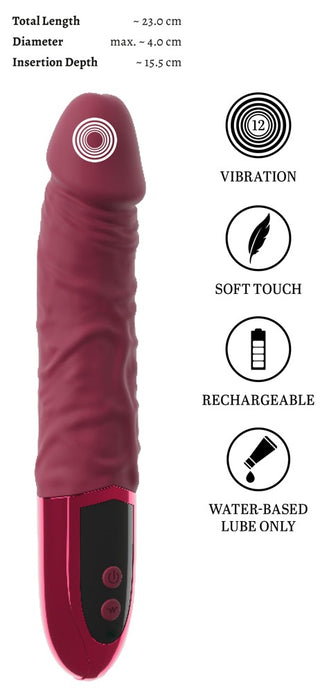 Dildovibrator i rödbrun silikon med kontrollknappar, soft-touch-finish, endast avsedd för användning med vattenbaserat glidmedel.