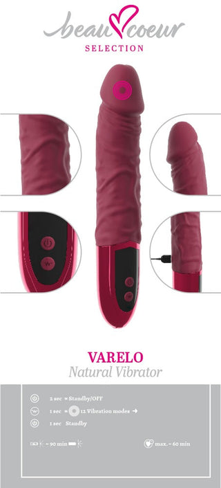 Maroon silikonvibrator med kontrollknappar, märkt VARELO Dildovibrator.