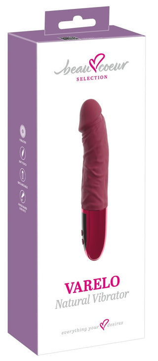 VARELO Dildovibrator i beige silikon, med en smidig ergonomisk design, visas på sin beauCoeur Selection-låda.