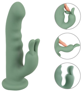 LUVIO Soft Rotating Rabbitvibrator, tillverkad av mjuk silikon med en flexibel extern stimulator, visas i tre mindre infällda bilder.