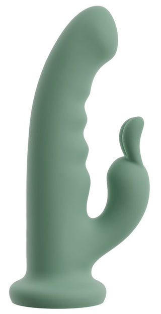 LUVIO Soft Rotating Rabbitvibrator är en grön kaninvibrator tillverkad av mjuk silikon, med ett böjt skaft och klitorisstimulator för dubbelverkande njutning.