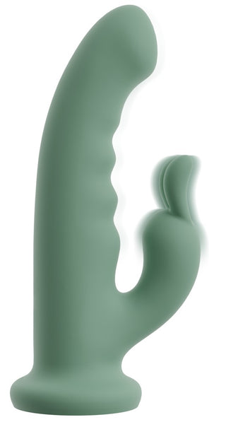LUVIO Soft Rotating Rabbitvibrator är en grön, mjuk silikonvibrator med ett böjt skaft och ett mindre tillbehör för dubbelstimulering.
