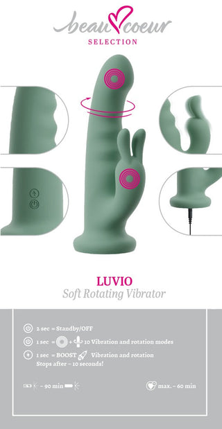 LUVIO Soft Rotating Rabbitvibrator, tillverkad av mjuk silikon, har kaninöron, strömknappar och märkta funktioner - allt mot en vit bakgrund.