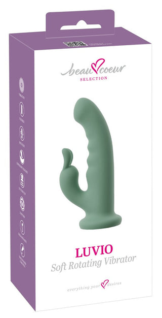 Låda med LUVIO Soft Rotating Rabbitvibrator med produktbild och lila och vit förpackning, med mjuk silikon och en roterande vibrator för ökad njutning.