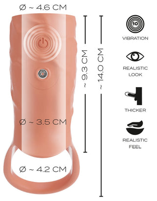 Penis Sleeve Öppen Realistixxx är en orange cylindrisk enhet med en realistisk design, med en toppdiameter på 4,6 cm, botten på 4,2 cm och en höjd på 14 cm. Den har kraft- och vibrationslägen-ikoner, vilket ger en autentisk känsla som liknar en tjockare penishylsa.