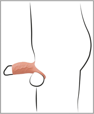 Illustrationen visar två stiliserade människofigurer ritade med minimalistiska svarta linjer. En figur, vänd åt sidan, har en persikofärgad form som symboliserar tillbehöret Penis Sleeve Öppen Realistixxx när den når mot den andra figuren mot en vit bakgrund.