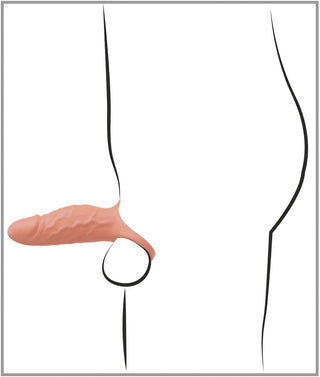 Illustration av en förenklad mänsklig figur med en rosa protetisk lem märkt "Realistixxx RealSleeve Close", fäst vid höftområdet. Den svarta figuren visas i sidoprofil mot vit bakgrund.