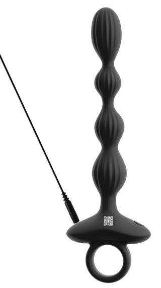 ANOS flexibla analpärlor, tillverkade av svart silikon med en återvinningsring och anslutningstråd, elegant presenterade på en vit bakgrund.