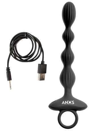 ANOS Flexible Anal Beads, i svart silikon med ett ringhandtag och USB-laddningskabel, ger vibrerande pärlor för intensifierad njutning.