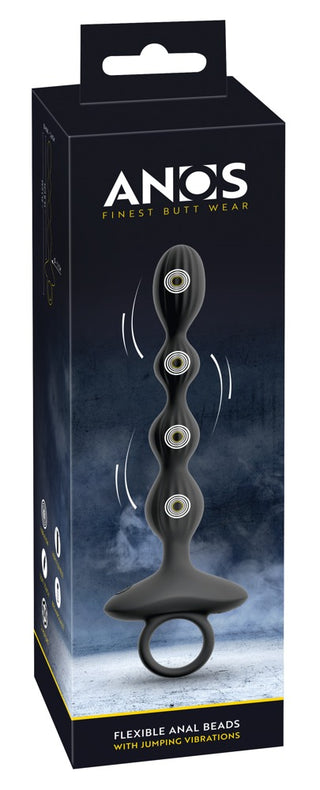 Svart boxförpackning märkt ANOS, med ANOS flexibla analpärlor med ringhandtag, tillverkade av premiumsilikon för komfort och njutning.