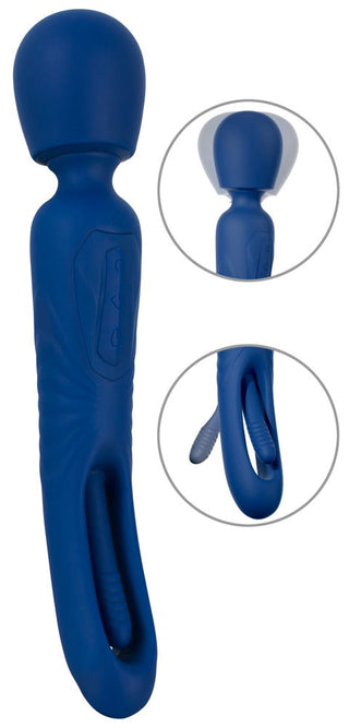2in1 Wand med Flicking Tongue har en blå, ergonomisk design med ett runt huvud, två knappar och en flexibel massagespets. Visad från olika vinklar, framhäver dess släta silikonstruktur dess bekväma och optimala användning.