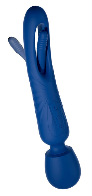 2in1 Wand med Flicking Tongue är en flexibel massagedel i blått silikon, elegant böjd med dubbla stimulerande förlängningar och bekväma kontrollknappar på sidan.