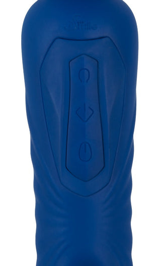 Närbild av 2in1 Wand med Flicking Tongue, en blå massagestav med strukturerade sidor. Frontpanelen har tre vertikalt placerade knappar – power, plus och minus. Tillverkad av slät silikon, ser den ergonomisk ut för handhållen användning.