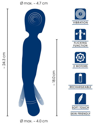 Silhouette of the 2in1 Wand med Flicking Tongue massagestav, tillverkad av hudvänligt silikon. Den är 24,3 cm lång med en maxdiameter på 4,7 cm och inkluderar en flexibel massagedel, vibration, snärtfunktion, två motorer och är uppladdningsbar – ikonerna visar funktioner till höger.