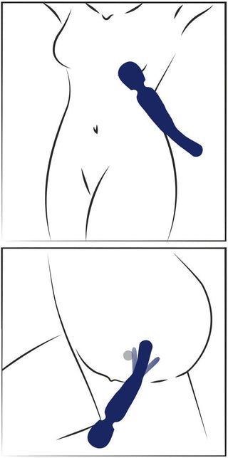 En abstrakt illustration visar en stiliserad naken kvinnlig torso med en blå figur under revbenen, som liknar 2in1 Wand med Flicking Tongue. Den nedre bilden framhäver hur denna silikonliknande produkt integreras sömlöst på sidan, nästan som en flexibel massageapparat.