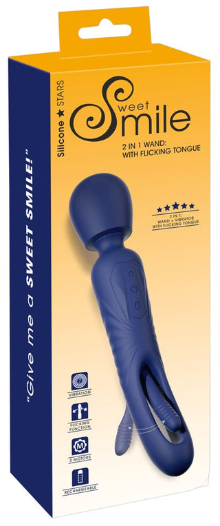 Förpackningen för den blå 2in1 Wand med Flicking Tongue personlig massageapparat framhäver dess silikonmaterial och snärtande tunga, accentuerad med orange och vitt. Ikoner betonar dess vibrationsfunktioner och laddningsbarhet för en oöverträffad upplevelse.