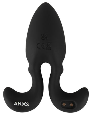 Buttplug med Flexibla Armar: svart silikonpropp med böjda handtag och två metallkontakter, perfekt som vibrerande analplugg eller RC Vibrating Butt Plug för extra analstimulans.