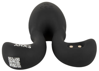 Buttplug med Flexibla Armar är en prostatamassageapparat i svart silikon med böjda tvillingarmar, QR-kod och två metalliska laddningspunkter för intensiv analstimulering, liknande en RC Vibrating Butt Plug.