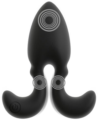 Buttplug med Flexibla Armar, en svart silikon RC-vibrationsplugg med strömknapp och tre riktade vibrationspunkter för exakt analstimulering, visas på en vit bakgrund.