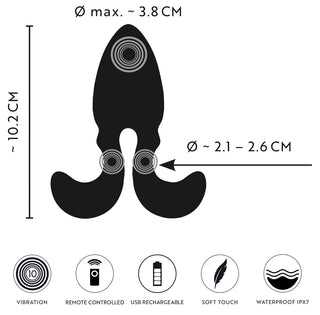 Silhuettbild av Buttplug med Flexibla Armar med mått, ikoner för vibration, fjärrkontroll, USB-laddning, mjuk yta och vattentät design-perfekt för diskret analstimulans.