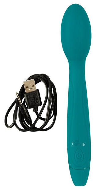 Vibratorn med Nickande Huvud i teal är utformad för G-punkt stimulans och levereras med en USB-laddningskabel.