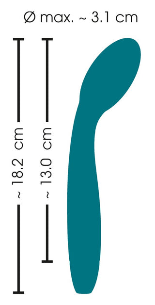 Vibrator med Nickande Huvud: blågrön, böjd design för G-punkt stimulans; mått-totallängd 18,2 cm, huvudlängd 13 cm, max diameter 3,1 cm.