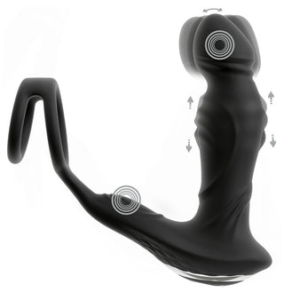 Prostatavibrator Med Fjärrkontroll Rebel, en svart prostatamassagerare med böjd design och vibrationsindikatorer, visas mot en vit bakgrund - perfekt för ökad njutning.
