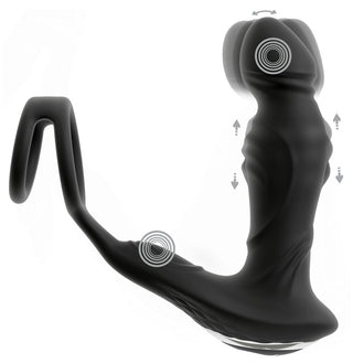 Prostatavibrator Med Fjärrkontroll Rebel, en svart prostatamassagerare med böjd design och vibrationsindikatorer, visas mot en vit bakgrund - perfekt för ökad njutning.