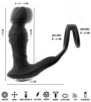 Prostatavibrator med fjärrkontroll Rebel: En svart bärbar vuxenleksak för anal- eller prostatastimulering, med vibrationer, flexibilitet och uppladdningsbara ikoner. Storleksmått ingår. Perfekt för mångsidig njutning.