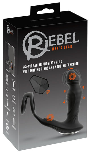Box till Prostatavibrator Med Fjärrkontroll Rebel med produktbild och egenskaper i vit och orange text, som framhäver dess funktion som analplugg och effektiv prostatastimulator.