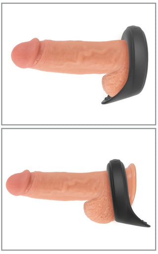Vibrerande Ballring Rebel, en silikonleksak, visas fäst vid basen av en realistisk dildo i två olika positioner.