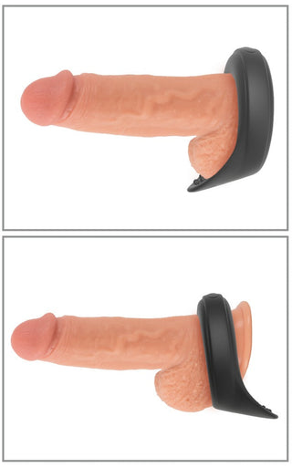 Vibrerande Ballring Rebel, en silikonleksak, visas fäst vid basen av en realistisk dildo i två olika positioner.