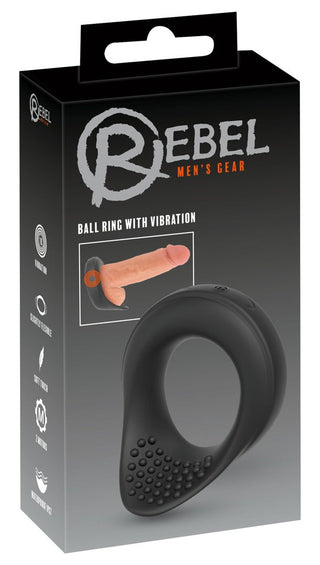 Black box-förpackning för Vibrerande Ballring Rebel, med produktbild, funktionsikoner och framhävande av denna silikon sexleksak för effektivt erektionsstöd.