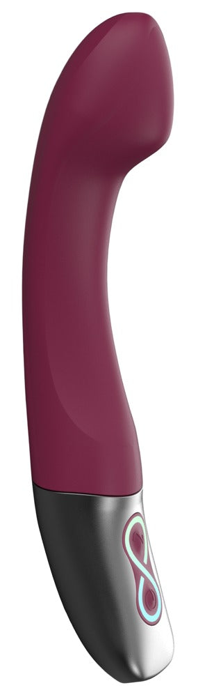 Titanz G-punktsvibrator är en böjd, vinröd och svart vibrator med kontrollknappar på basen, utformad för ergonomisk användning.