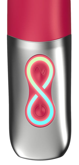 En närbild av Titanz Slim G-punktvibratorn, en metallisk enhet med en lysande oändlighetssymbol och kraftikon, med 10 vibrationslägen för mångsidig njutning.