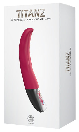 Låda med bild på Titanz Slim G-punktvibrator i rosa och svart, utrustad med 10 vibrationslägen. Perfekt som G-punktsvibrator för intensiv njutning.