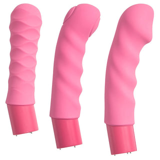 Tre rosa Vibepad RIDE ON silikonvibratorer, var och en med unika texturerade och böjda mönster för handsfree eller riktad klitorisstimulering, visas upprätt mot en vit bakgrund.