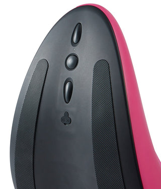 Närbild av Vibepad RIDE ON, en svart och rosa handsfree-stimulator med tre knappar och texturerade greppområden.