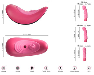 Vibepad RIDE ON är en rosa böjd personlig massageapparat med flexibla tillbehör för klitorisstimulans och vaginal stimulans, med vibrationer, fjärrkontroll, handsfree-stimulatorfunktioner, plus mått och funktionsikoner.