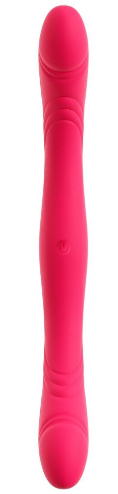 Couples Choice Double Vibrator är en rosa dubbeländad vibrator i silikon med en central strömknapp, perfekt för mångsidig och tillfredsställande massage.