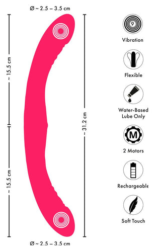 Couples Choice Double Vibrator har en rosa böjd design, dubbla motorer, flexibel kropp, soft-touch-kontroller, flera vibrationsinställningar och ett uppladdningsbart batteri - perfekt för par.