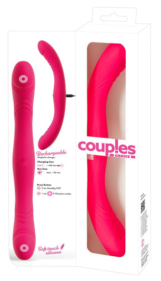 Couples Choice Double Vibrator i rosa silikon med dubbla ändar, levereras i vit förpackning med synliga produktdetaljer.