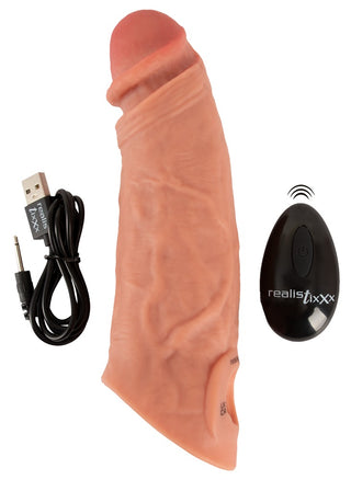 Vibro Sleeve med Ballring är en realistisk silikondildo med vibrator, med fjärrkontroll och en USB-laddningskabel ingår.
