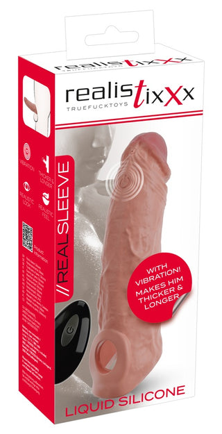 Vibro Sleeve med Ballring är en silikon penissleeve i förpackning, designad för penisförlängning, extra omkrets och realistiskt utseende-inkluderar vibrator med fjärrkontroll för ökad njutning.