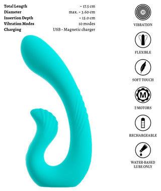 NAIRA Dual Heads Vibrator i teal silikon med kurvad design, räfflat handtag och ikoner som visar 10 vibrationslägen, flexibel och vattentät vibrator.