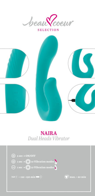 NAIRA Vibrator med dubbla huvuden: Turkos dubbeländad vibrator med kontrolllikoner. Upplev 10 vibrationslägen och flexibel design för maximal njutning.