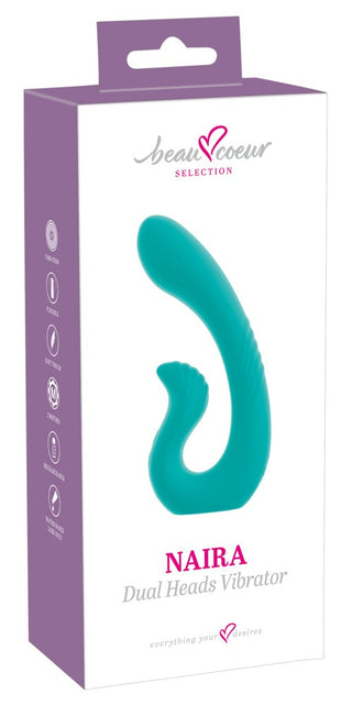 NAIRA Dual Heads Vibrator i teal visas på vit förpackning med lila accenter och listar 10 vibrationslägen på sidan.
