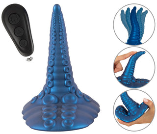 Tentacle Pad Sit On Vibrator är en blå, silikon, tentakelformad sexleksak med sugkoppar, flexibel design, handsfree-stimulering via fjärrkontroll och närbildsdemonstration av dess böjbarhet.